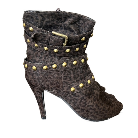 Dots Brown Animal Print Strappy Suede like Open Toe Heeled Boots Size 8 - Picture 4 of 8